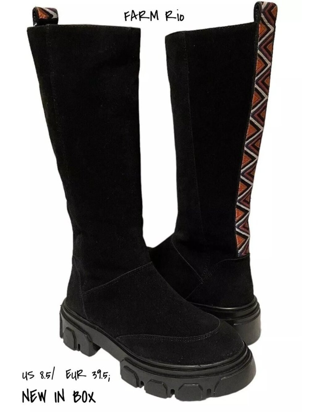 Farm Rio Knee High Suede Tall Boots with Lug Sole in Black, Size 8.5 New In Box